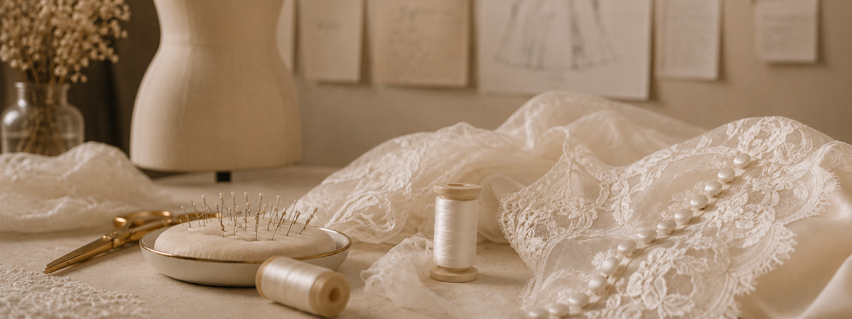 Spitze, Perlen und Nähzubehör für die Brautkleid-Änderung im Atelier Jana Paulin