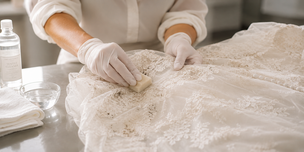 Schonende Reinigung eines Spitzen-Brautkleids im Atelier Jana Paulin Berlin