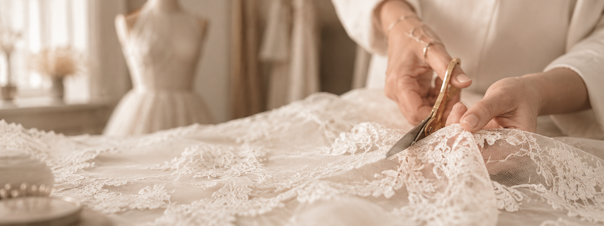 Schneiderin arbeitet an Spitze und Tüll eines Brautkleids – Atelier Jana Paulin Berlin