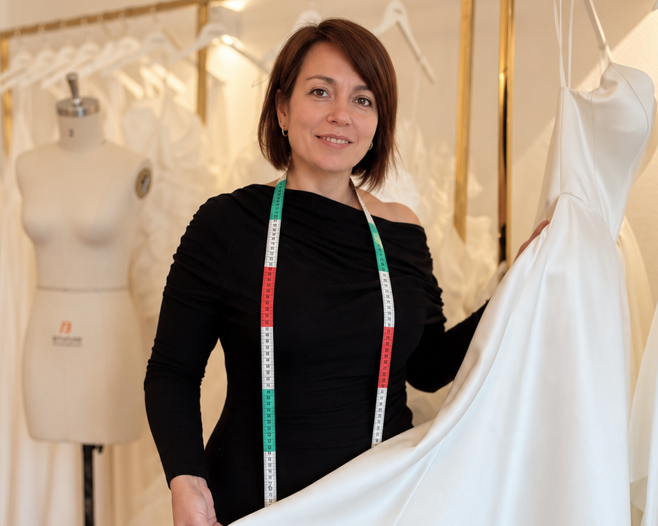 Schneiderin mit Maßband und Brautkleid im Atelier Jana Paulin Berlin