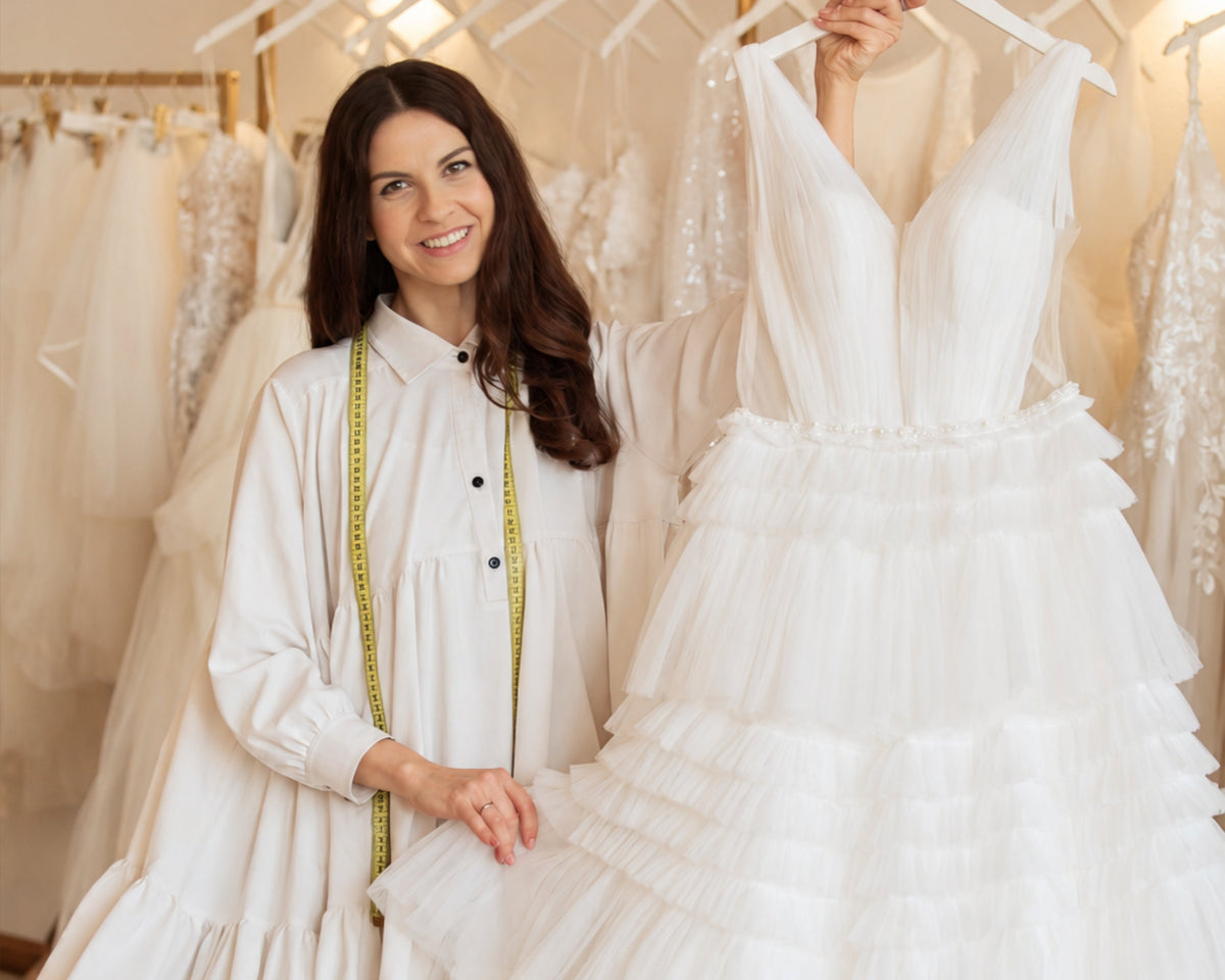Jana Paulin mit Volant-Brautkleid im Atelier am Theodor-Heuss-Platz Berlin