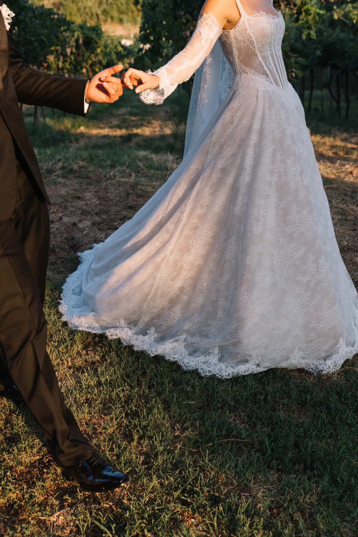 Bride in a boho wedding dress with swinging tulle skirt