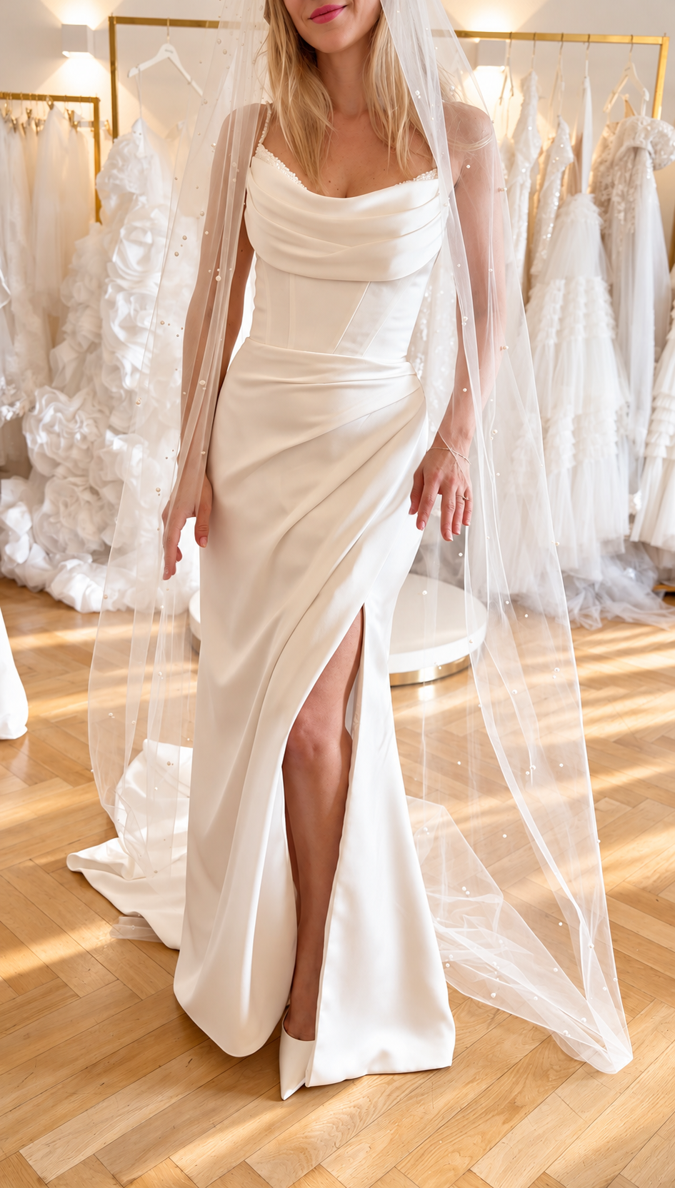 Satin-Brautkleid mit Drapierung und Beinschlitz – Atelier Jana Paulin