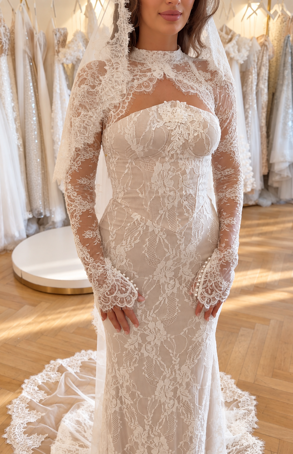 High-neck lace wedding dress with long sleeves – Atelier Jana Paulin