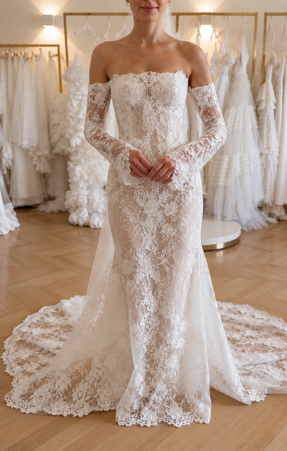 Schulterfreies Spitzen-Brautkleid mit langen Ärmeln – Atelier Jana Paulin Berlin