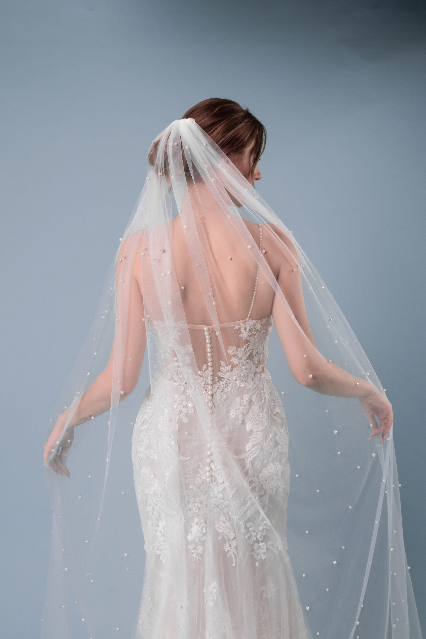 Brautschleier Perlenschleier Einlagig handgefertigt aus italienischem Tüll Ivory