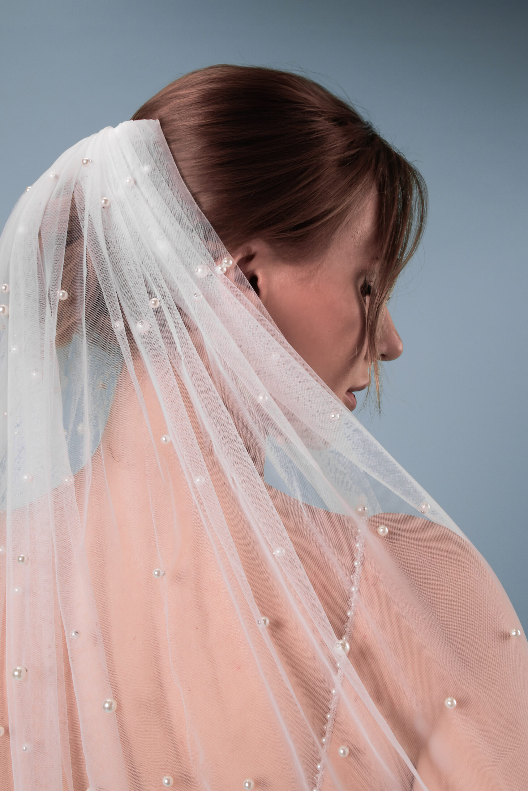 Brautschleier Perlenschleier Einlagig handgefertigt aus italienischem Tüll Ivory