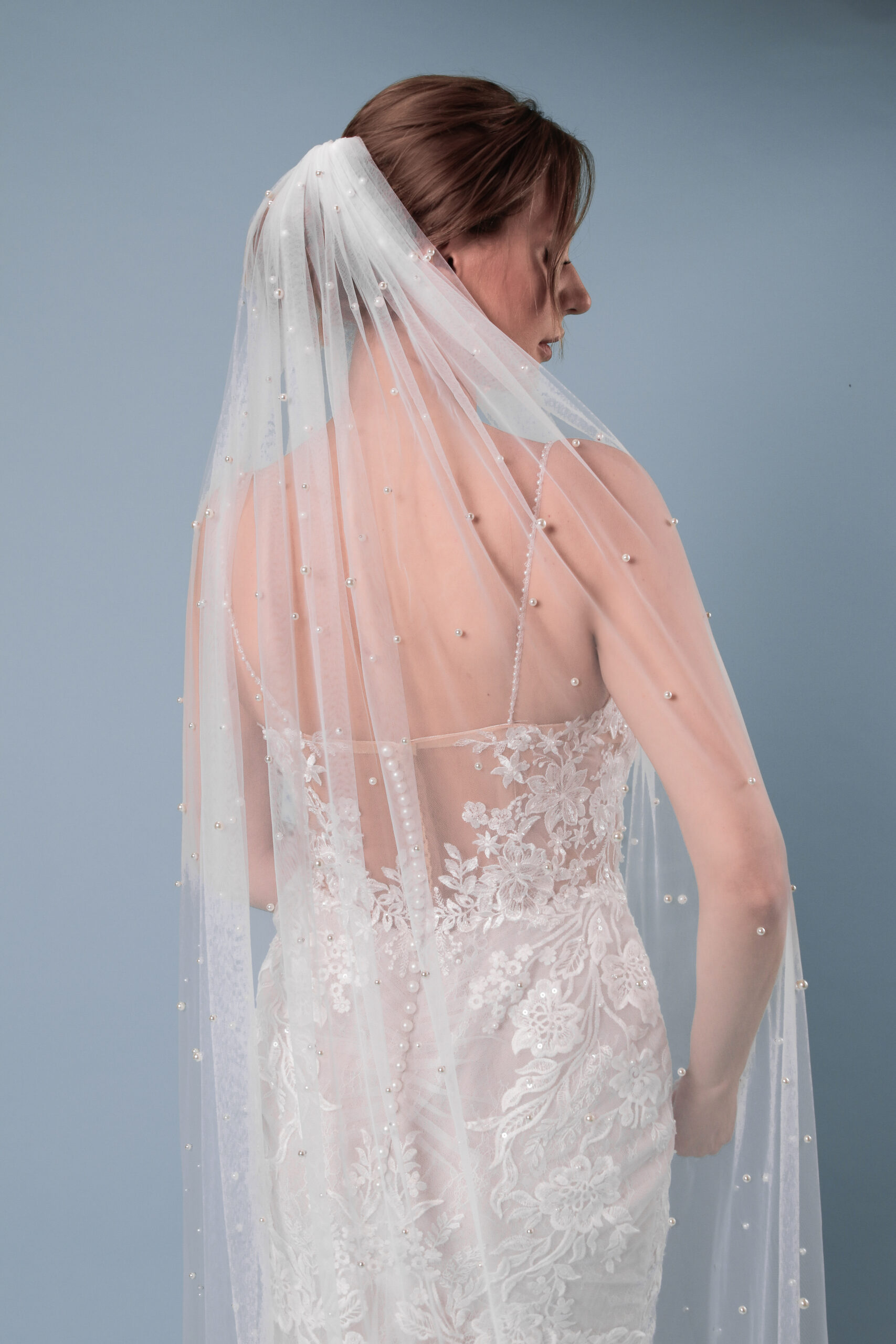 Brautschleier Perlenschleier Einlagig handgefertigt aus italienischem Tüll Ivory