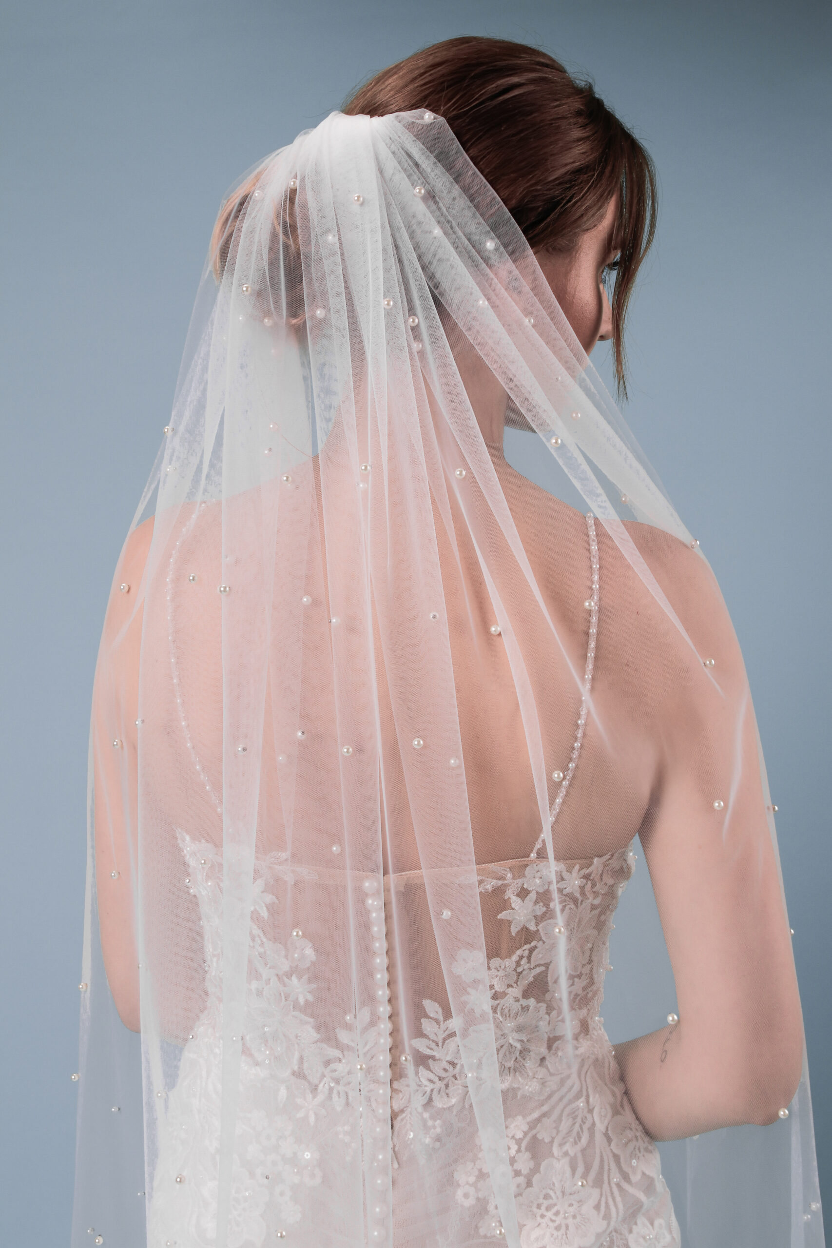 Brautschleier Perlenschleier Einlagig handgefertigt aus italienischem Tüll Ivory